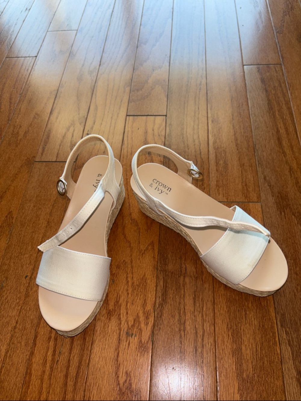 crown & ivy Cream Slingback Platform Sandals with Gold Buckle